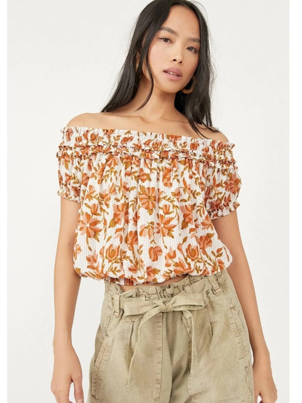 Free People Suki Smocked Off Shoulder Floral Blouse